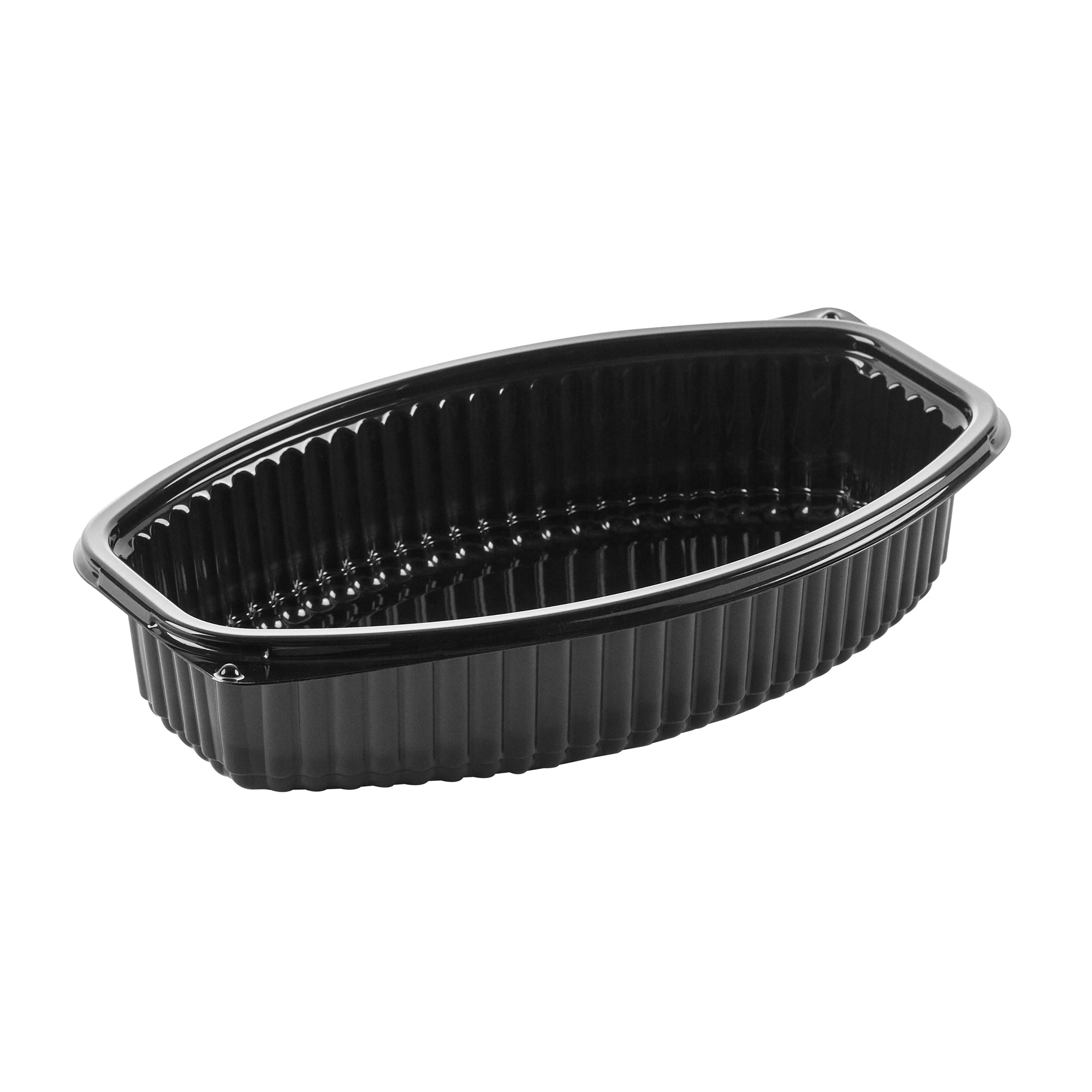 Chef 101 28 oz Oval Black Plastic Food Container - with Clear Lid, Microwavable - 9 1/4" x 5 3/4" x 2 3/4" - 50 count box