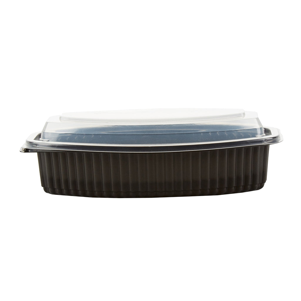Chef 101 28 oz Oval Black Plastic Food Container - with Clear Lid, Microwavable - 9 1/4" x 5 3/4" x 2 3/4" - 50 count box