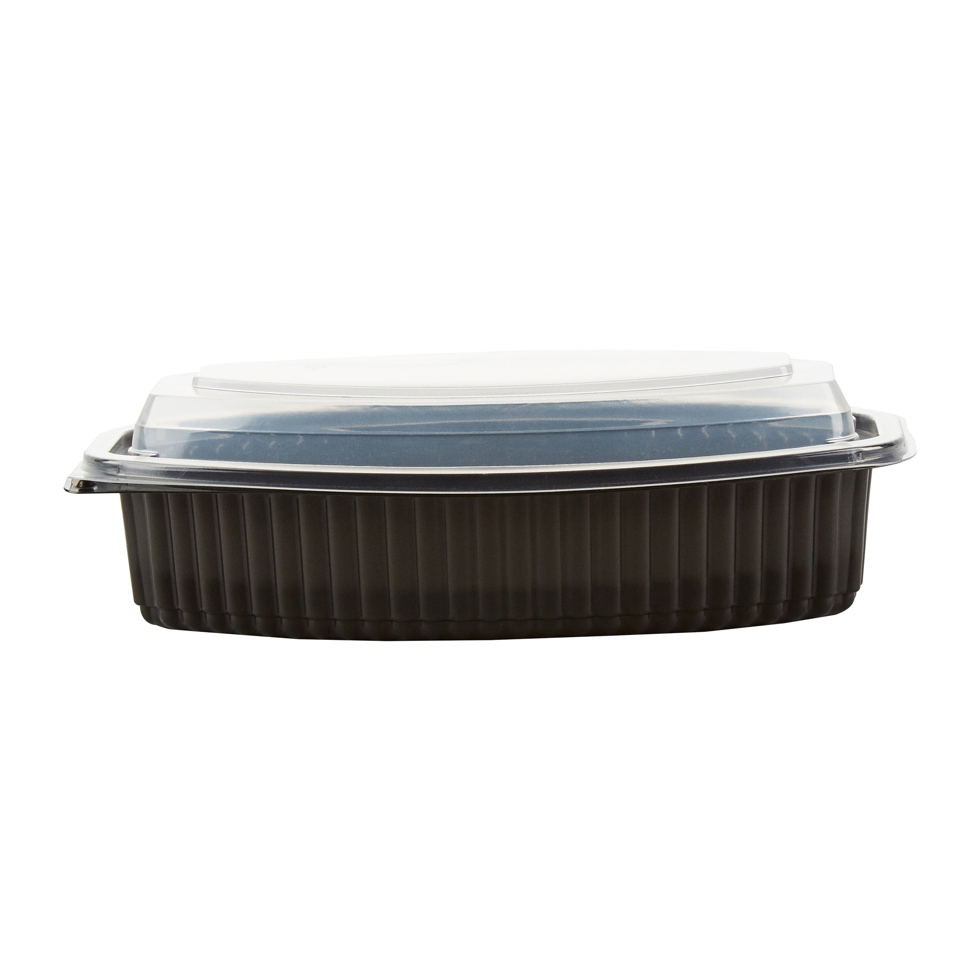 Chef 101 28 oz Oval Black Plastic Food Container - with Clear Lid, Microwavable - 9 1/4" x 5 3/4" x 2 3/4" - 50 count box