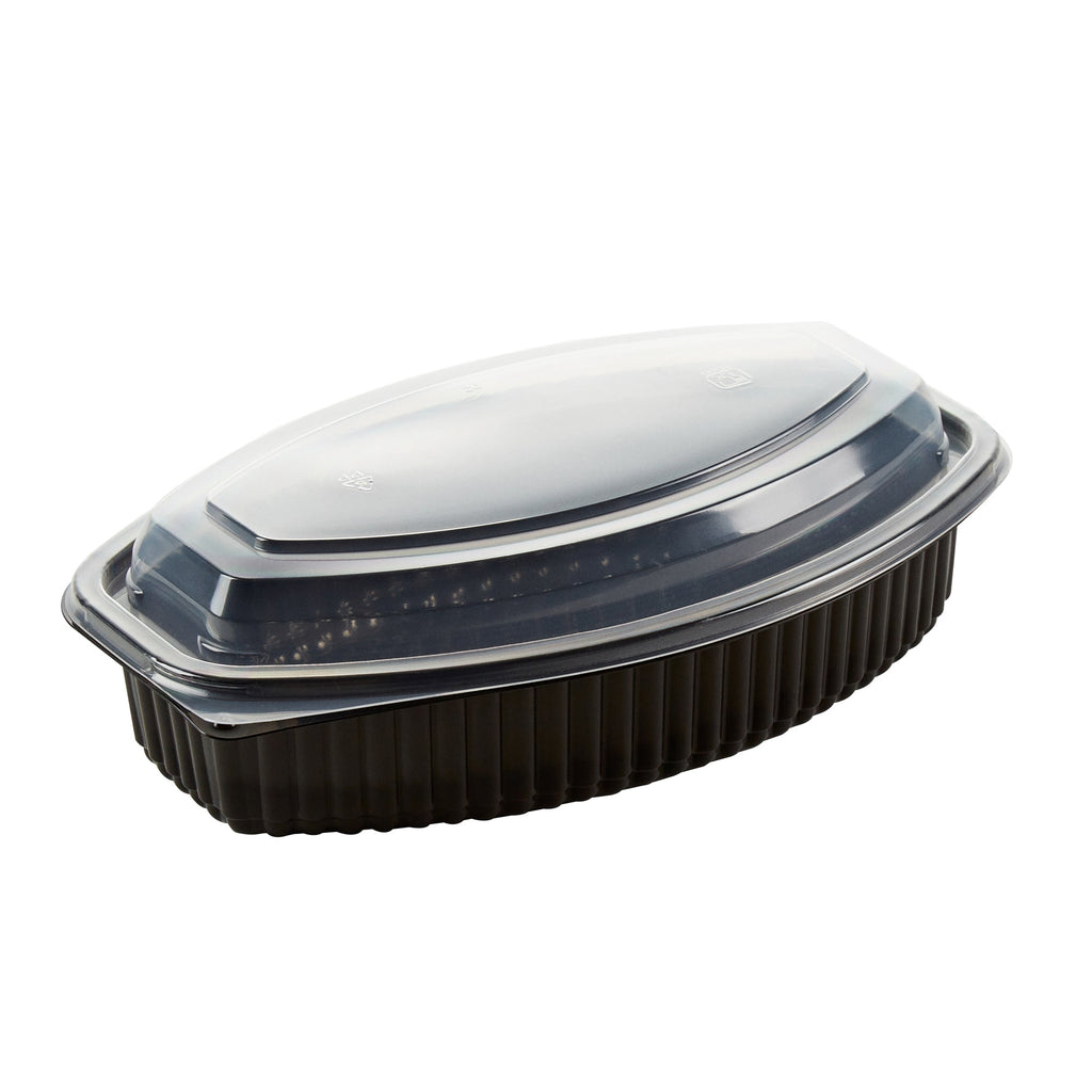 Chef 101 28 oz Oval Black Plastic Food Container - with Clear Lid, Microwavable - 9 1/4" x 5 3/4" x 2 3/4" - 50 count box