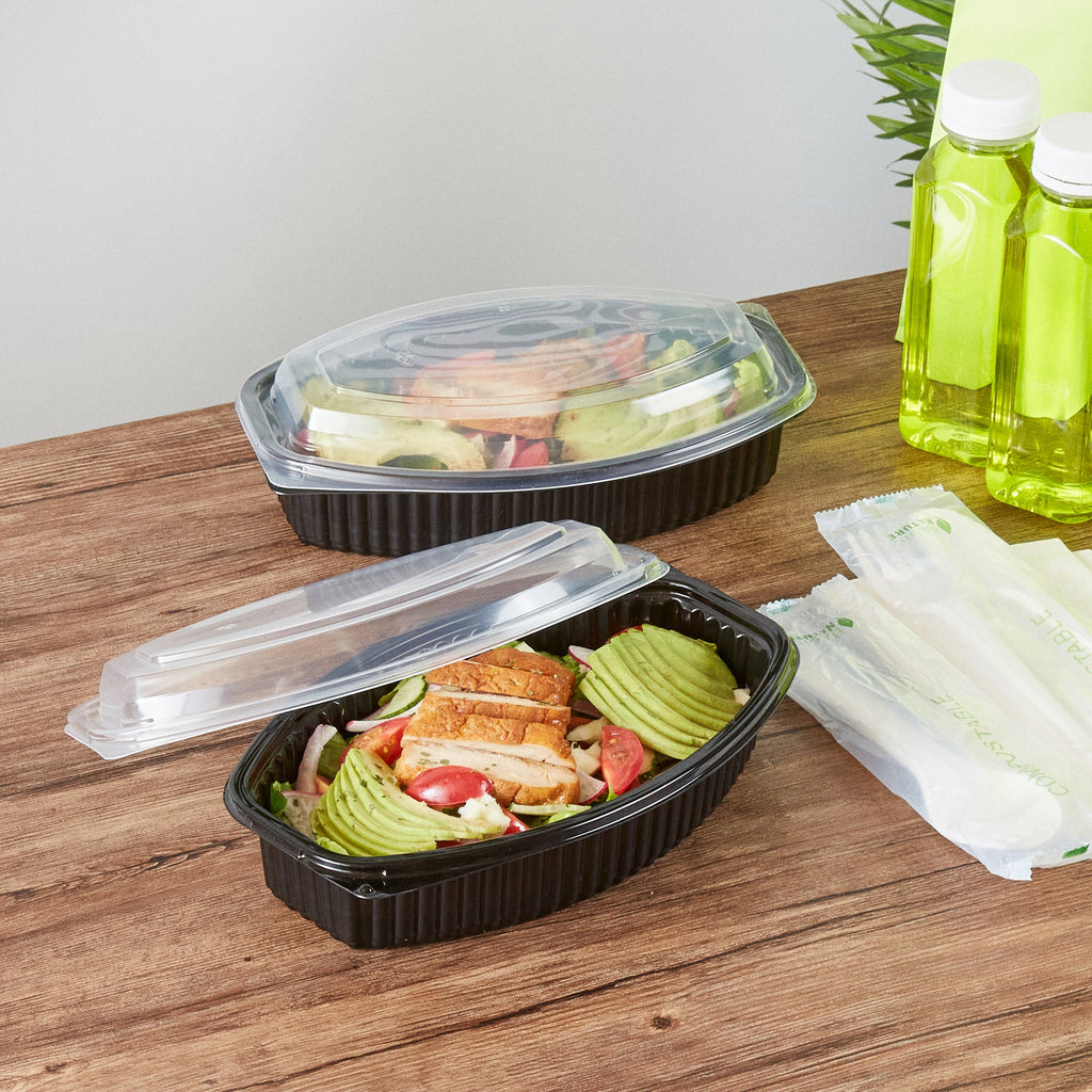 Chef 101 28 oz Oval Black Plastic Food Container - with Clear Lid, Microwavable - 9 1/4" x 5 3/4" x 2 3/4" - 50 count box