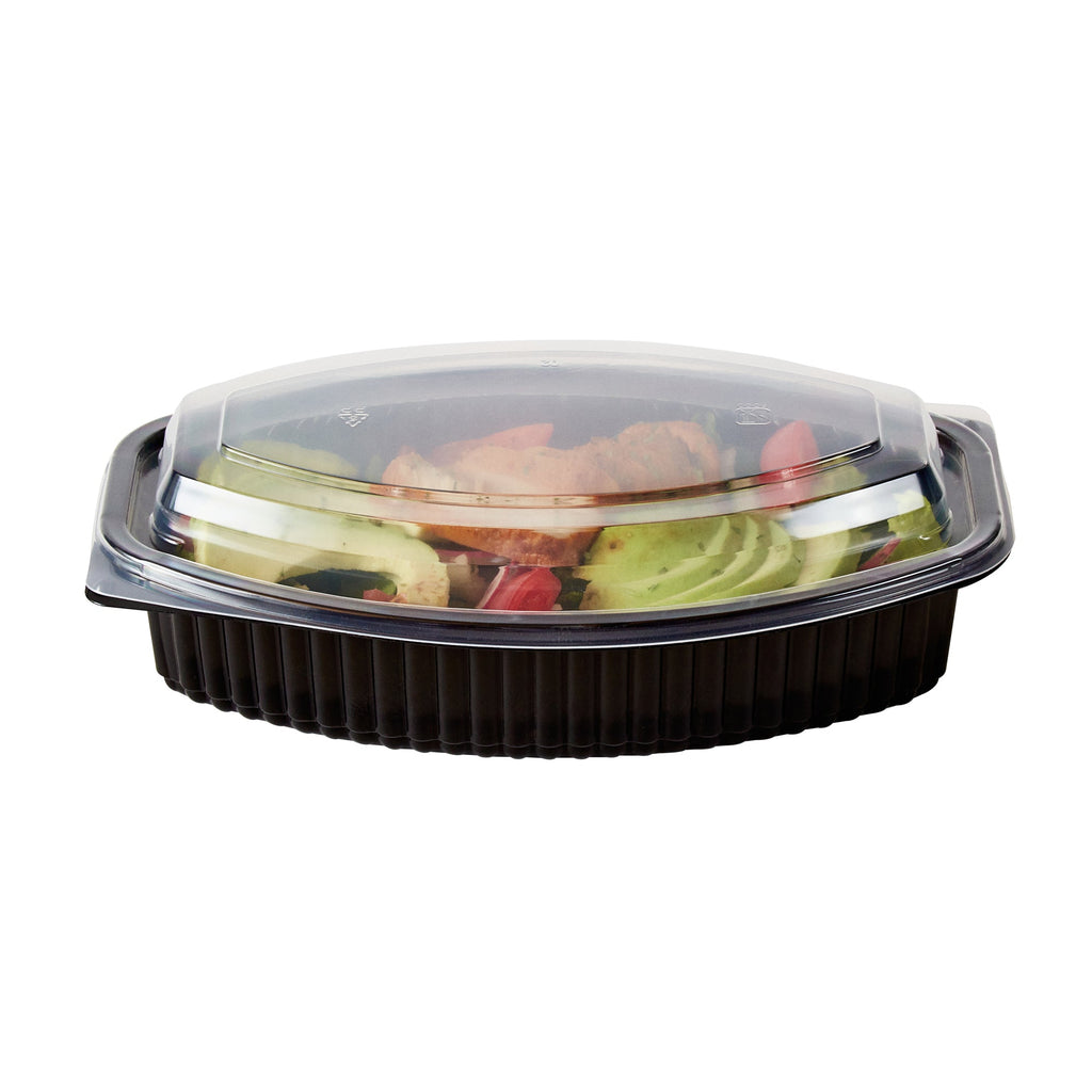 Chef 101 28 oz Oval Black Plastic Food Container - with Clear Lid, Microwavable - 9 1/4" x 5 3/4" x 2 3/4" - 100 count box