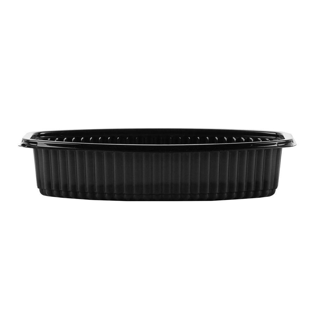 Chef 101 28 oz Oval Black Plastic Food Container - with Clear Lid, Microwavable - 9 1/4" x 5 3/4" x 2 3/4" - 100 count box