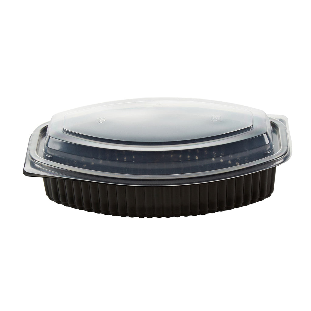 Chef 101 28 oz Oval Black Plastic Food Container - with Clear Lid, Microwavable - 9 1/4" x 5 3/4" x 2 3/4" - 100 count box
