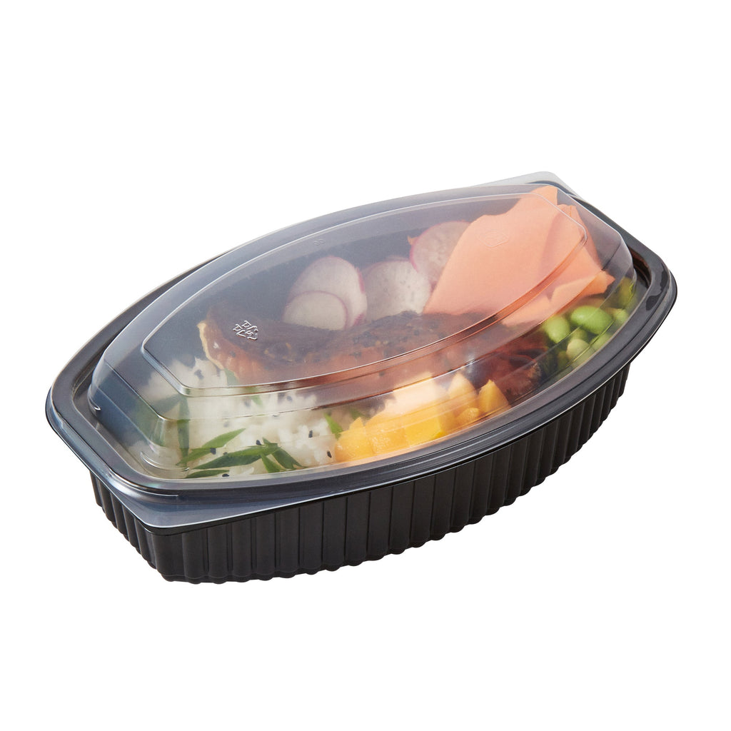 Chef 101 32 oz Oval Black Plastic Food Container - with Clear Lid, Microwavable - 9 1/4" x 5 3/4" x 3" - 100 count box