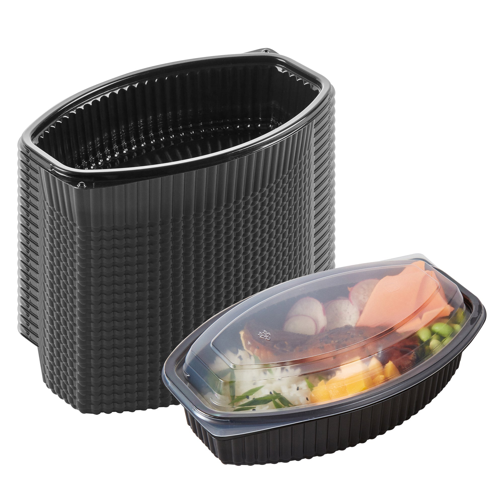 Chef 101 32 oz Oval Black Plastic Food Container - with Clear Lid, Microwavable - 9 1/4" x 5 3/4" x 3" - 100 count box
