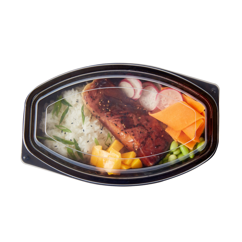 Chef 101 32 oz Oval Black Plastic Food Container - with Clear Lid, Microwavable - 9 1/4" x 5 3/4" x 3" - 50 count box