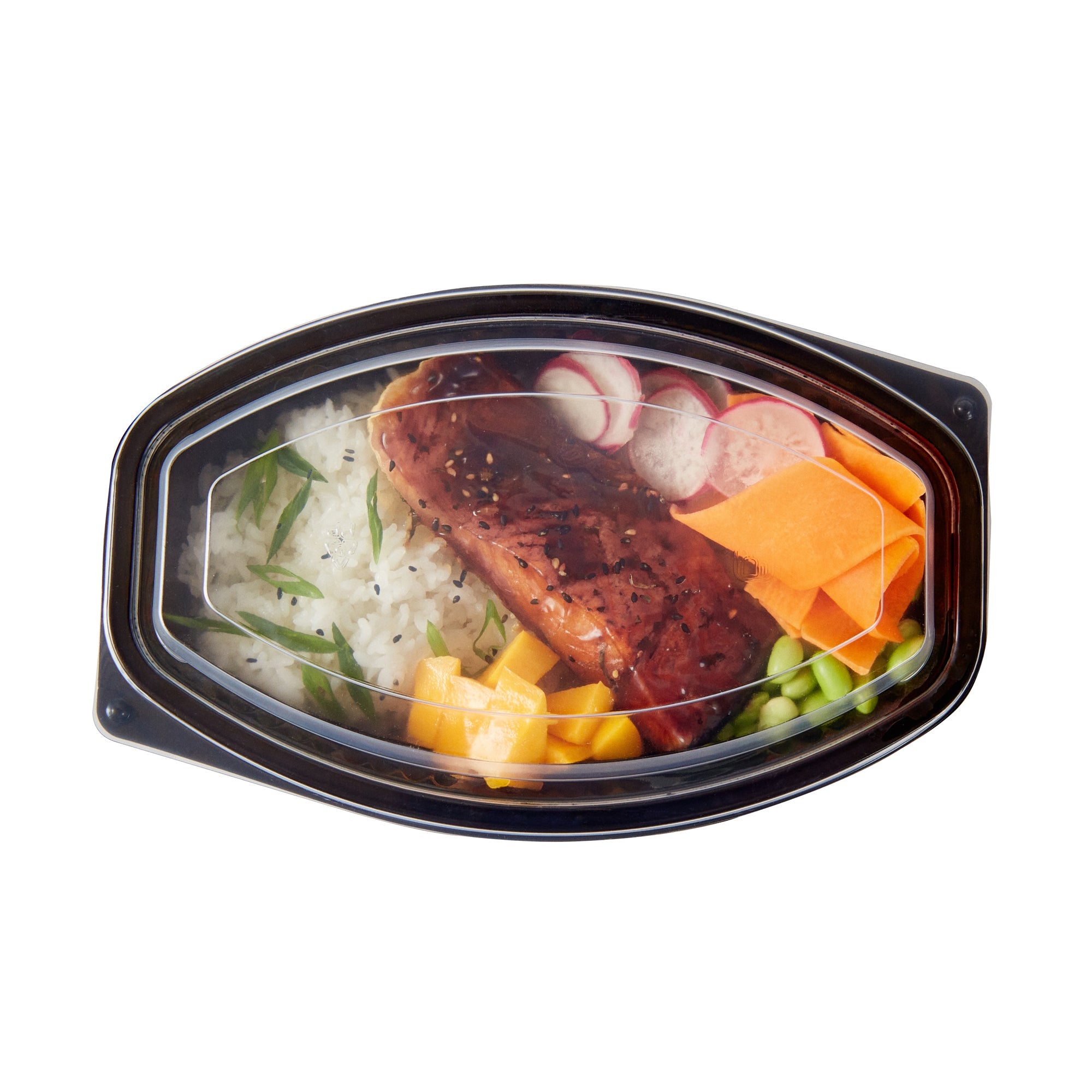 Chef 101 32 oz Oval Black Plastic Food Container - with Clear Lid, Microwavable - 9 1/4" x 5 3/4" x 3" - 50 count box
