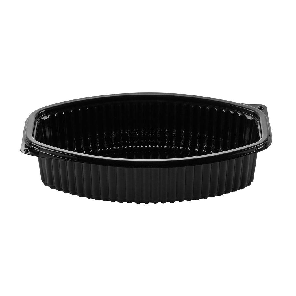 Chef 101 32 oz Oval Black Plastic Food Container - with Clear Lid, Microwavable - 9 1/4" x 5 3/4" x 3" - 50 count box