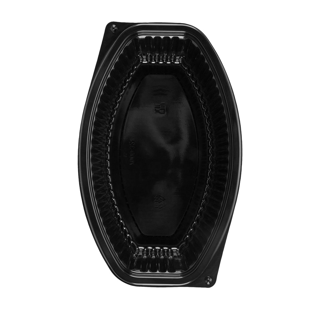 Chef 101 32 oz Oval Black Plastic Food Container - with Clear Lid, Microwavable - 9 1/4" x 5 3/4" x 3" - 50 count box