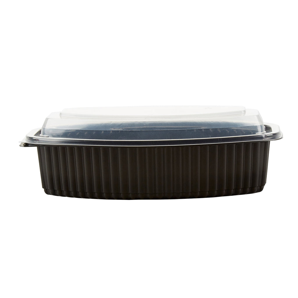 Chef 101 32 oz Oval Black Plastic Food Container - with Clear Lid, Microwavable - 9 1/4" x 5 3/4" x 3" - 50 count box