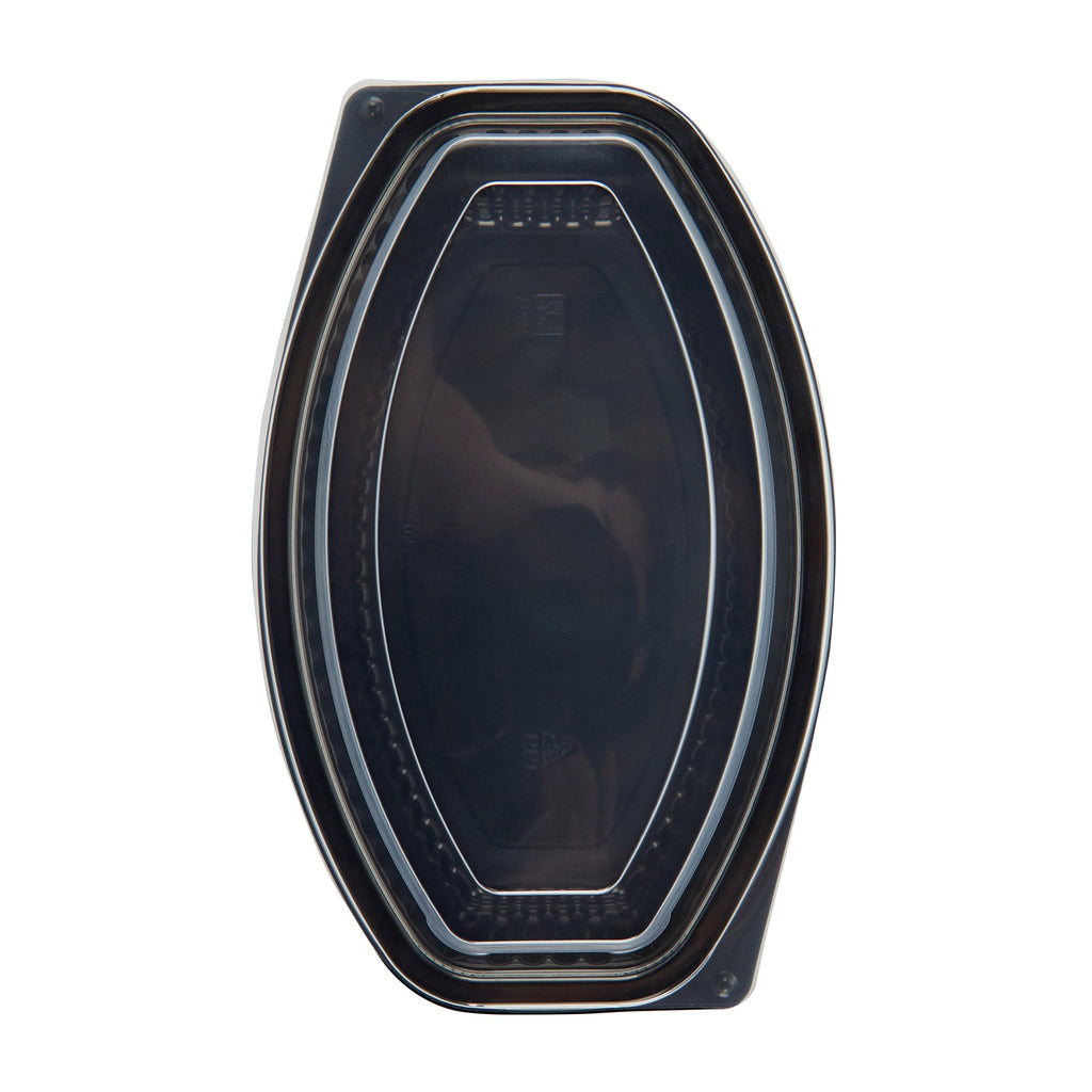 Chef 101 32 oz Oval Black Plastic Food Container - with Clear Lid, Microwavable - 9 1/4" x 5 3/4" x 3" - 50 count box