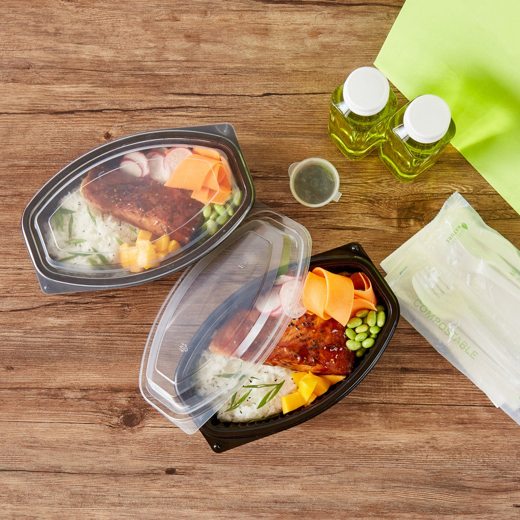 Chef 101 32 oz Oval Black Plastic Food Container - with Clear Lid, Microwavable - 9 1/4" x 5 3/4" x 3" - 50 count box
