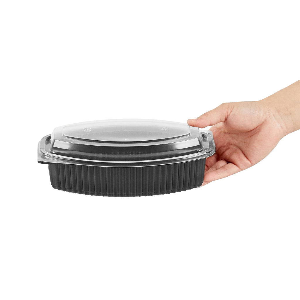 Chef 101 32 oz Oval Black Plastic Food Container - with Clear Lid, Microwavable - 9 1/4" x 5 3/4" x 3" - 100 count box