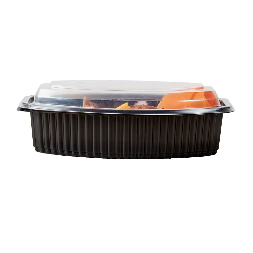 Chef 101 32 oz Oval Black Plastic Food Container - with Clear Lid, Microwavable - 9 1/4" x 5 3/4" x 3" - 100 count box