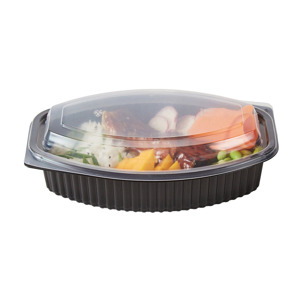Chef 101 32 oz Oval Black Plastic Food Container - with Clear Lid, Microwavable - 9 1/4" x 5 3/4" x 3" - 100 count box