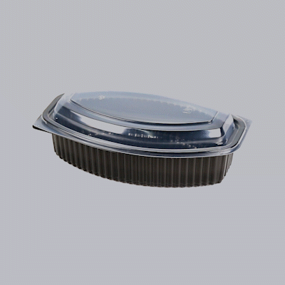 Chef 101 32 oz Oval Black Plastic Food Container - with Clear Lid, Microwavable - 9 1/4" x 5 3/4" x 3" - 100 count box