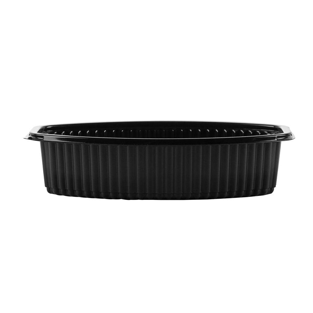 Chef 101 32 oz Oval Black Plastic Food Container - with Clear Lid, Microwavable - 9 1/4" x 5 3/4" x 3" - 100 count box