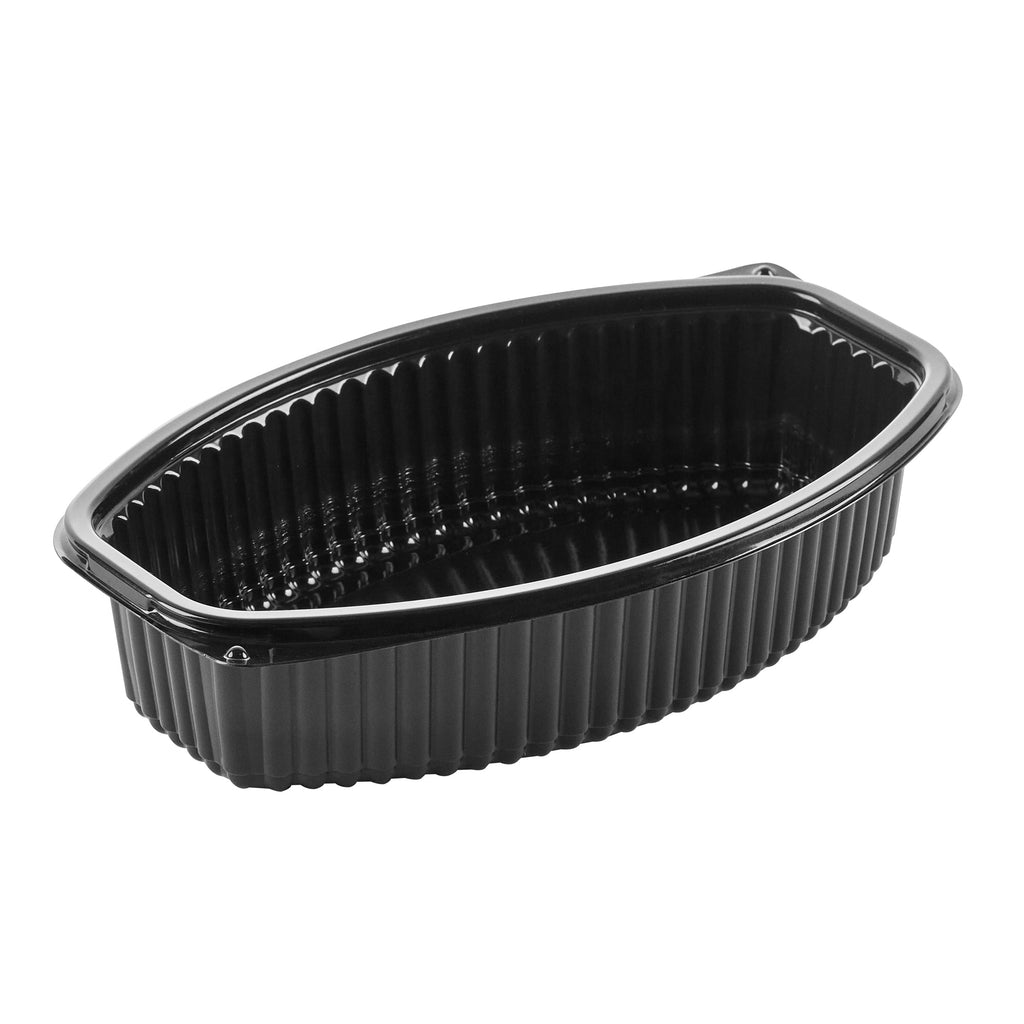 Chef 101 32 oz Oval Black Plastic Food Container - with Clear Lid, Microwavable - 9 1/4" x 5 3/4" x 3" - 100 count box
