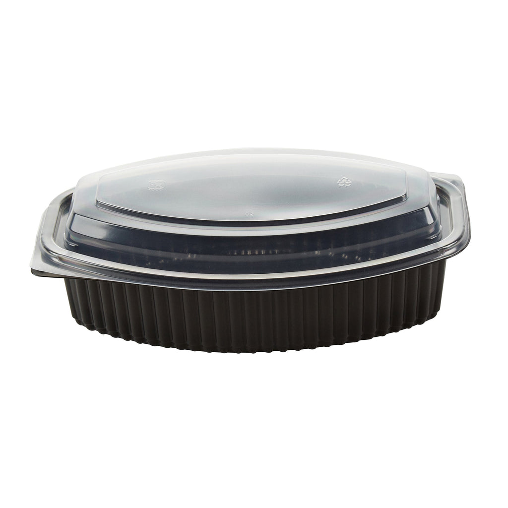 Chef 101 32 oz Oval Black Plastic Food Container - with Clear Lid, Microwavable - 9 1/4" x 5 3/4" x 3" - 100 count box