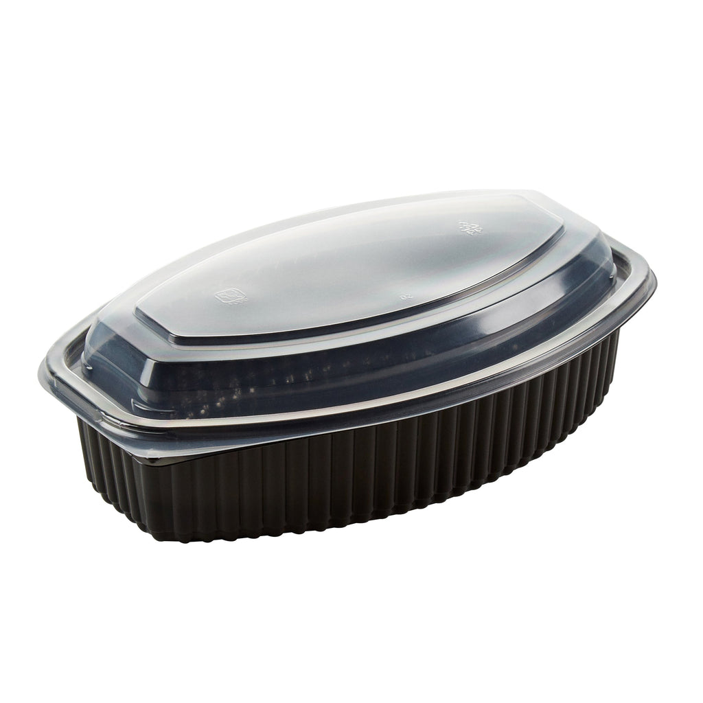 Chef 101 32 oz Oval Black Plastic Food Container - with Clear Lid, Microwavable - 9 1/4" x 5 3/4" x 3" - 100 count box