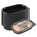 Chef 101 25 oz Oval Black Plastic Food Container - with Clear Flat Lid, Microwavable - 9 1/4" x 6" x 1 3/4" - 100 count box