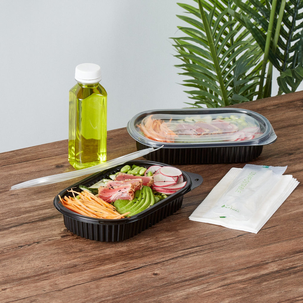 Chef 101 25 oz Oval Black Plastic Food Container - with Clear Flat Lid, Microwavable - 9 1/4" x 6" x 1 3/4" - 100 count box