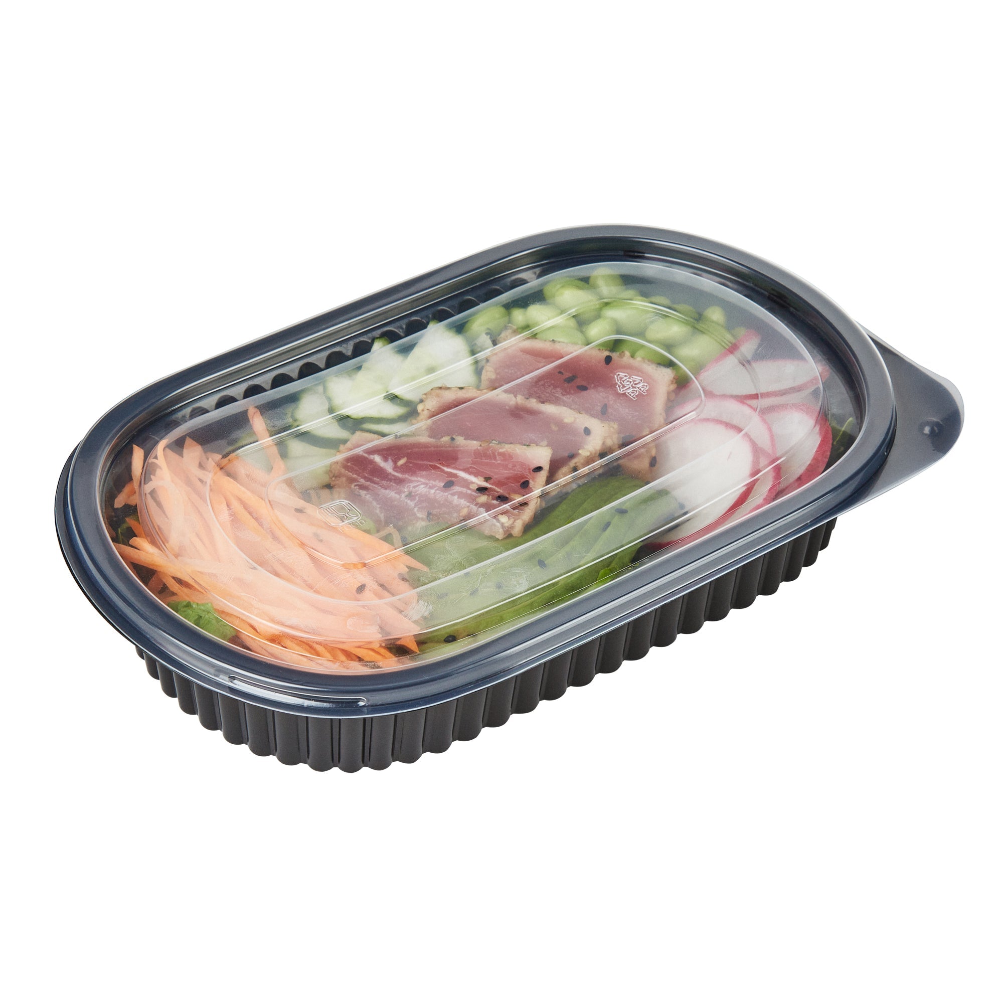 Chef 101 25 oz Oval Black Plastic Food Container - with Clear Flat Lid, Microwavable - 9 1/4" x 6" x 1 3/4" - 50 count box