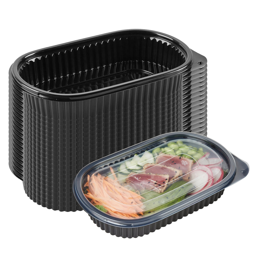 Chef 101 25 oz Oval Black Plastic Food Container - with Clear Flat Lid, Microwavable - 9 1/4" x 6" x 1 3/4" - 50 count box