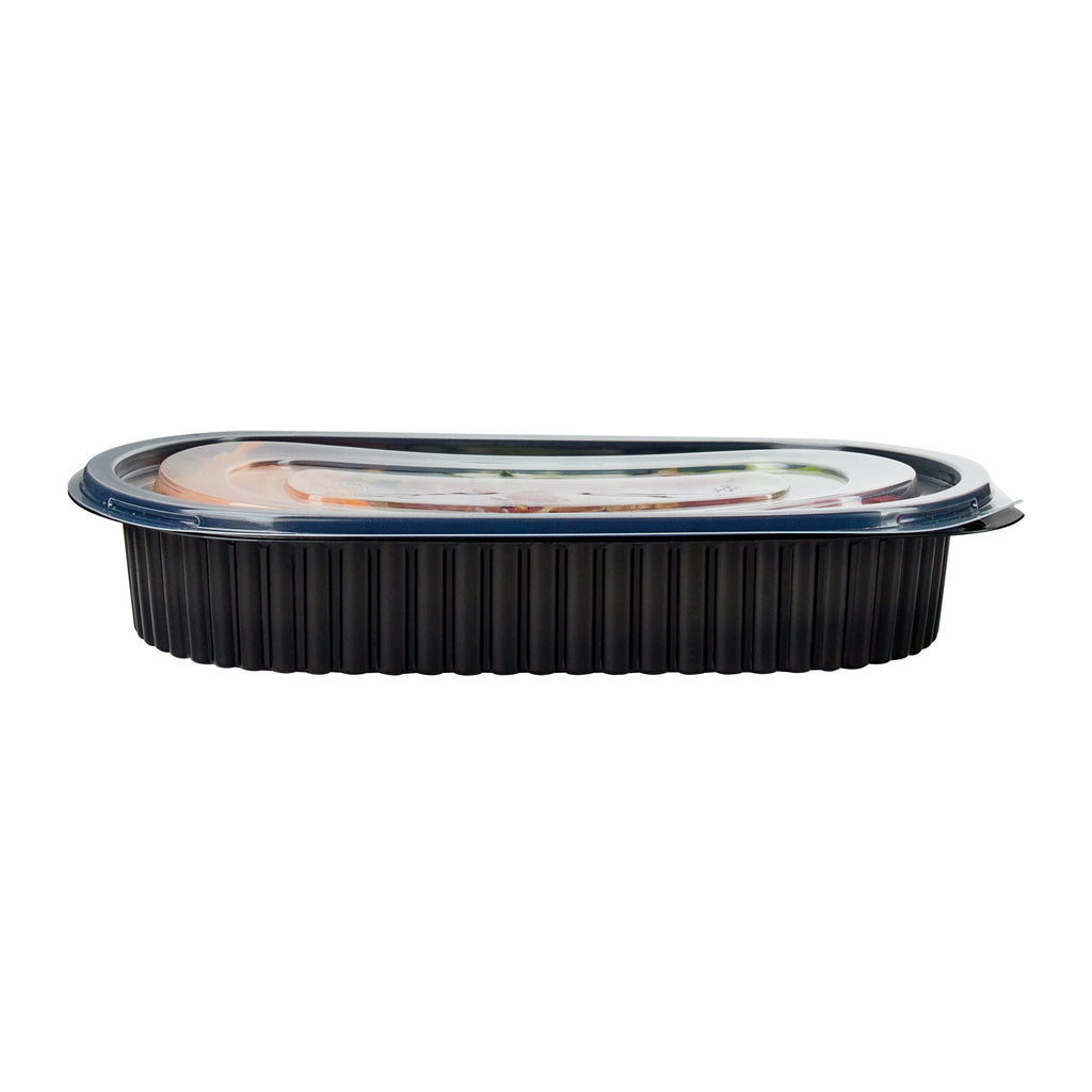 Chef 101 25 oz Oval Black Plastic Food Container - with Clear Flat Lid, Microwavable - 9 1/4" x 6" x 1 3/4" - 50 count box