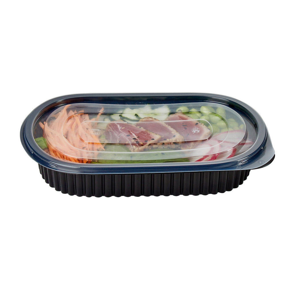 Chef 101 25 oz Oval Black Plastic Food Container - with Clear Flat Lid, Microwavable - 9 1/4" x 6" x 1 3/4" - 50 count box
