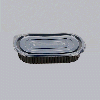 Chef 101 25 oz Oval Black Plastic Food Container - with Clear Flat Lid, Microwavable - 9 1/4" x 6" x 1 3/4" - 50 count box
