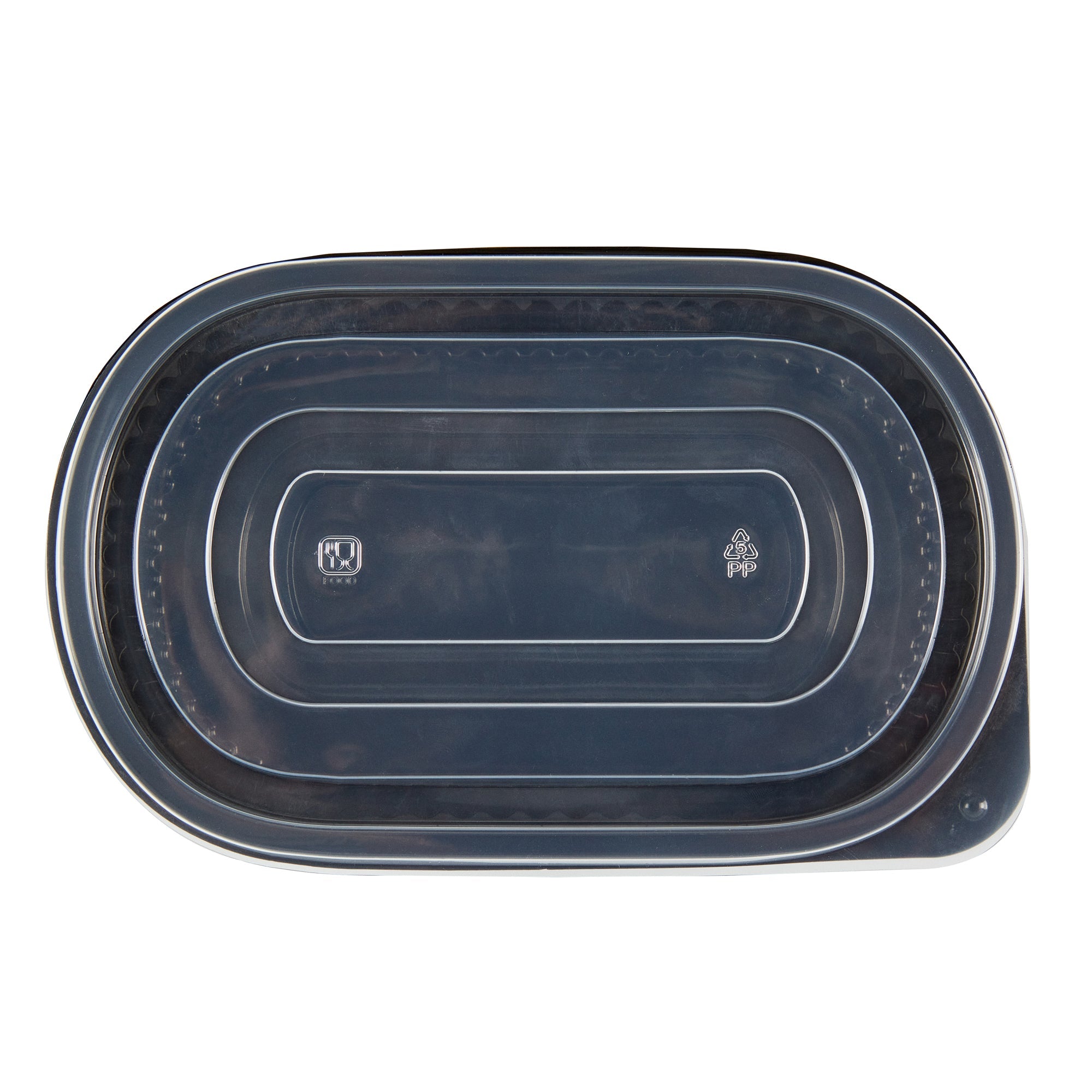 Chef 101 25 oz Oval Black Plastic Food Container - with Clear Flat Lid, Microwavable - 9 1/4" x 6" x 1 3/4" - 50 count box