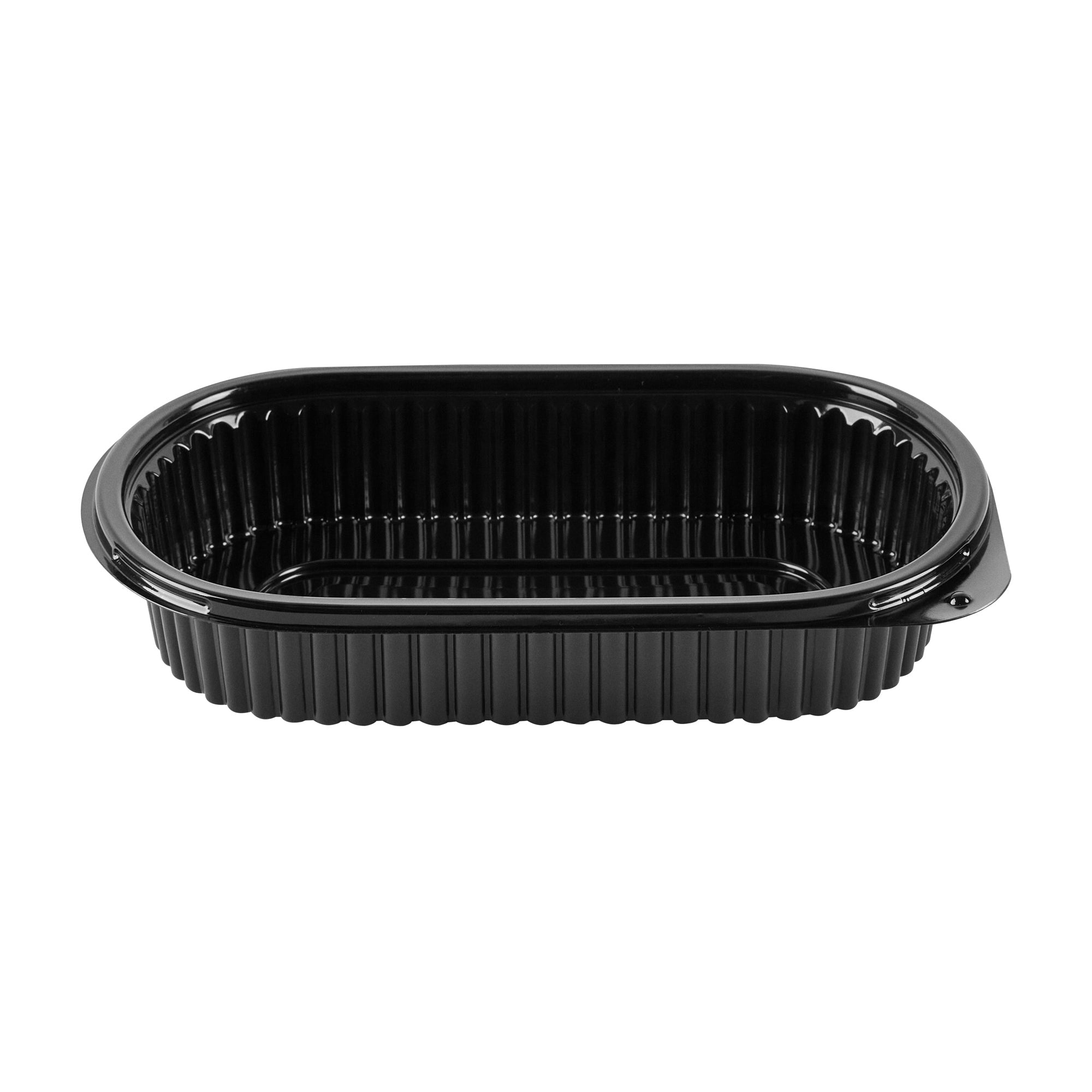 Chef 101 25 oz Oval Black Plastic Food Container - with Clear Flat Lid, Microwavable - 9 1/4" x 6" x 1 3/4" - 50 count box