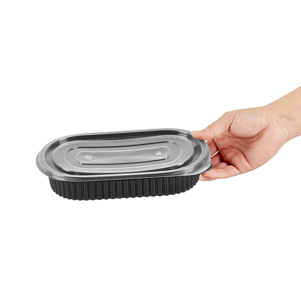 Chef 101 25 oz Oval Black Plastic Food Container - with Clear Flat Lid, Microwavable - 9 1/4" x 6" x 1 3/4" - 100 count box