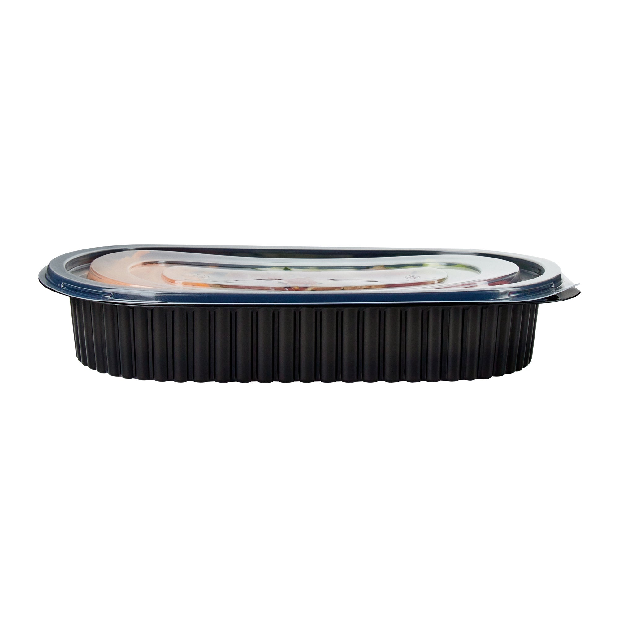 Chef 101 25 oz Oval Black Plastic Food Container - with Clear Flat Lid, Microwavable - 9 1/4" x 6" x 1 3/4" - 100 count box