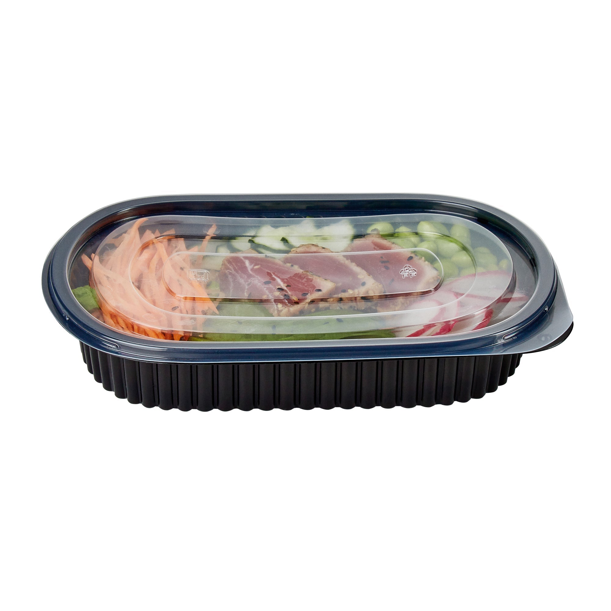 Chef 101 25 oz Oval Black Plastic Food Container - with Clear Flat Lid, Microwavable - 9 1/4" x 6" x 1 3/4" - 100 count box