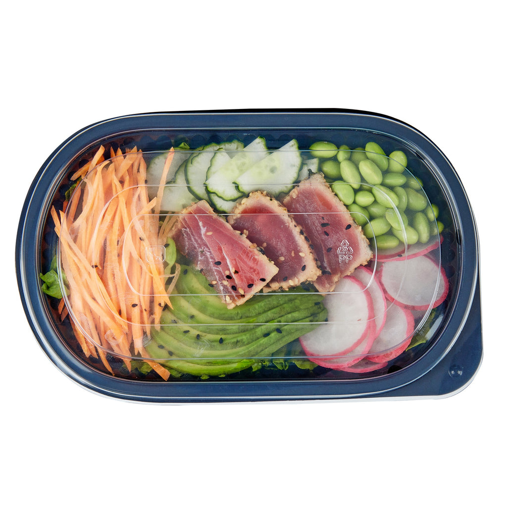 Chef 101 25 oz Oval Black Plastic Food Container - with Clear Flat Lid, Microwavable - 9 1/4" x 6" x 1 3/4" - 100 count box
