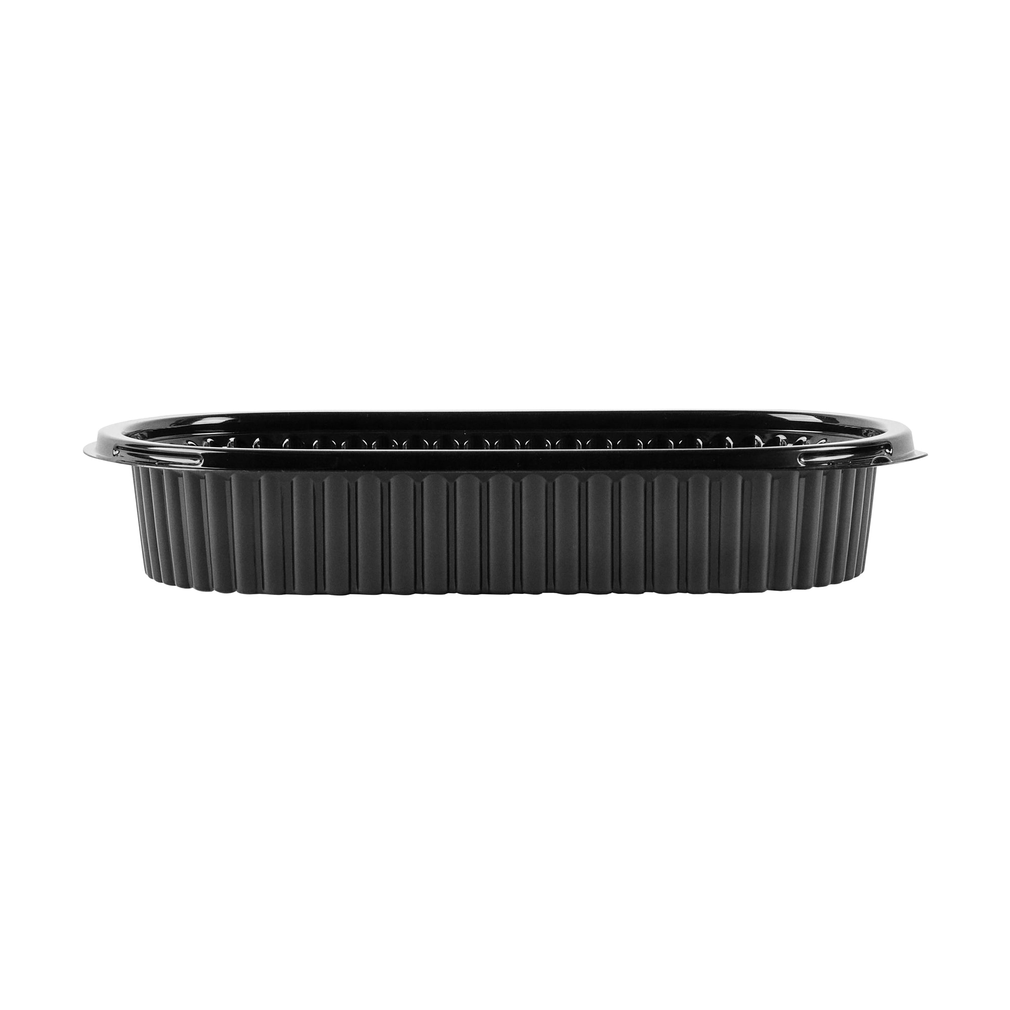 Chef 101 25 oz Oval Black Plastic Food Container - with Clear Flat Lid, Microwavable - 9 1/4" x 6" x 1 3/4" - 100 count box