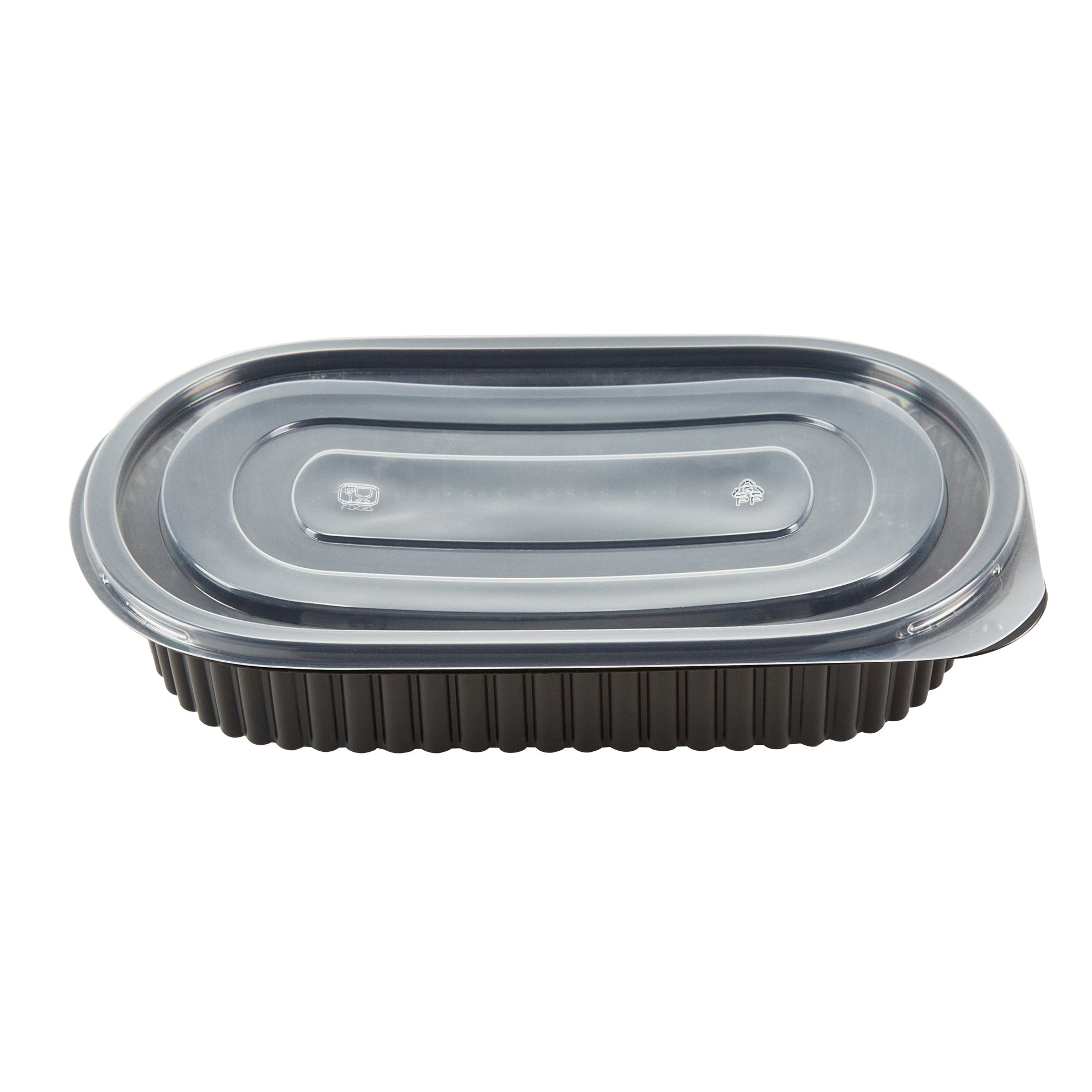 Chef 101 25 oz Oval Black Plastic Food Container - with Clear Flat Lid, Microwavable - 9 1/4" x 6" x 1 3/4" - 100 count box