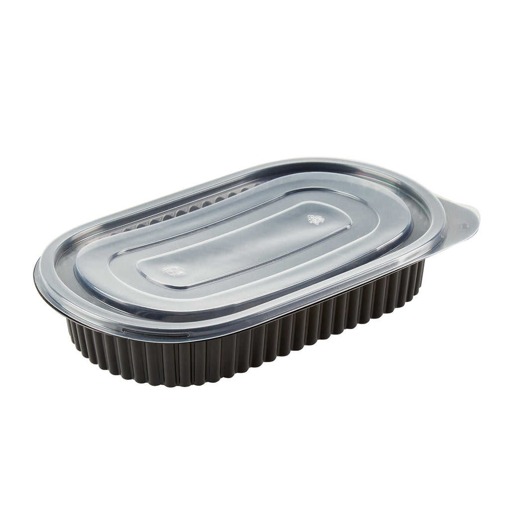 Chef 101 25 oz Oval Black Plastic Food Container - with Clear Flat Lid, Microwavable - 9 1/4" x 6" x 1 3/4" - 100 count box