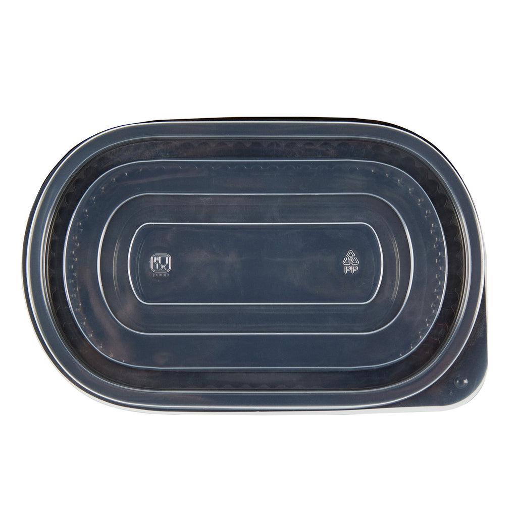 Chef 101 25 oz Oval Black Plastic Food Container - with Clear Flat Lid, Microwavable - 9 1/4" x 6" x 1 3/4" - 100 count box