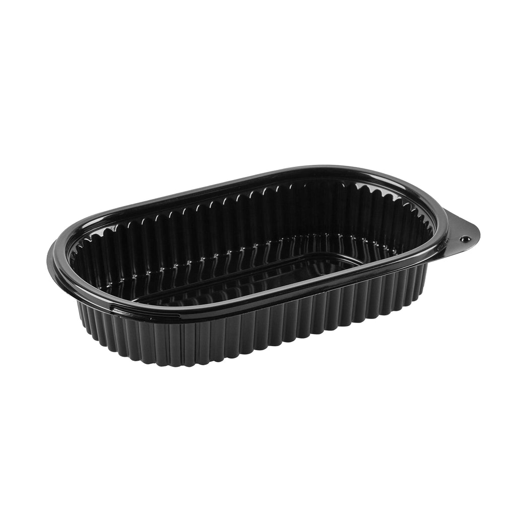 Chef 101 25 oz Oval Black Plastic Food Container - with Clear Flat Lid, Microwavable - 9 1/4" x 6" x 1 3/4" - 100 count box