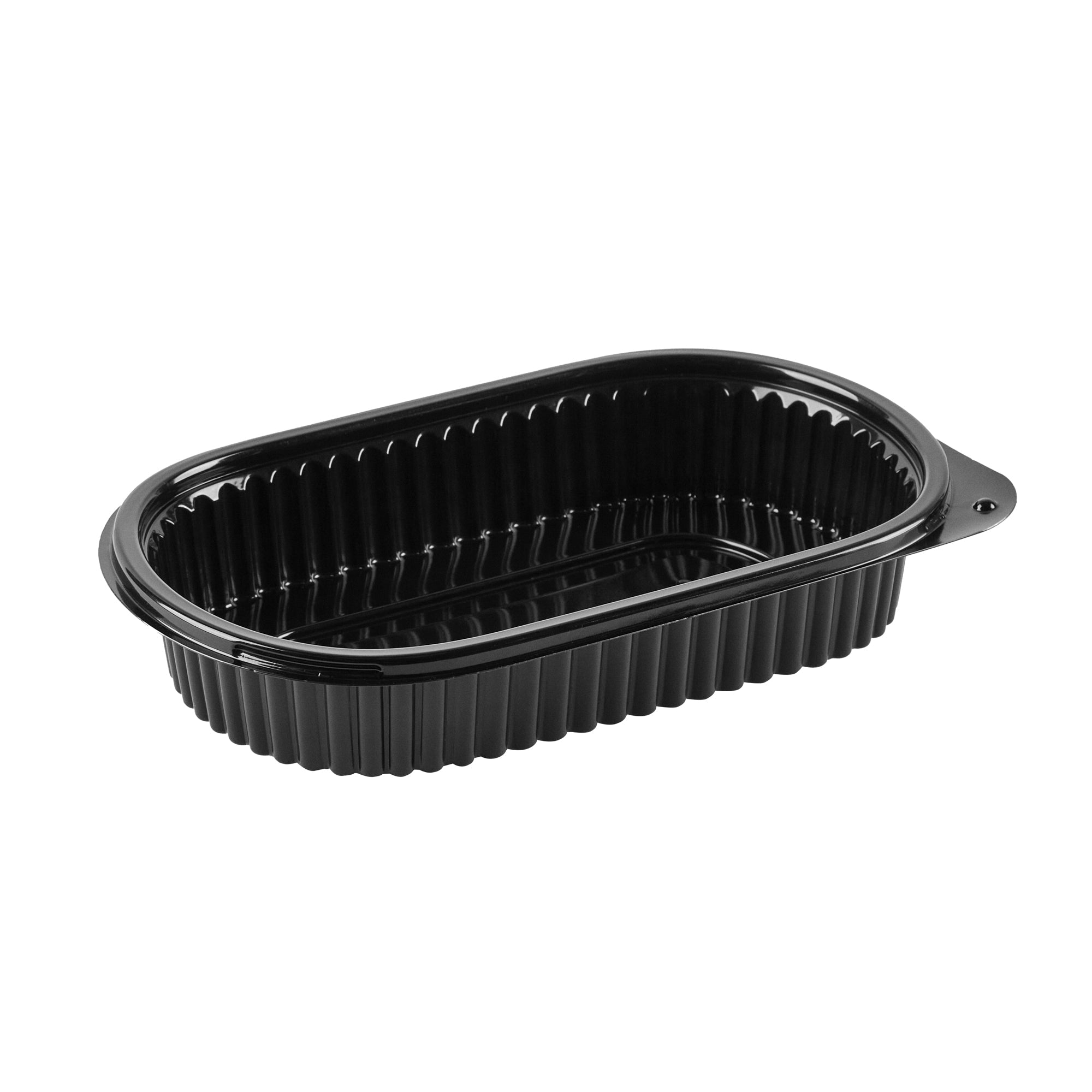 Chef 101 25 oz Oval Black Plastic Food Container - with Clear Flat Lid, Microwavable - 9 1/4" x 6" x 1 3/4" - 100 count box