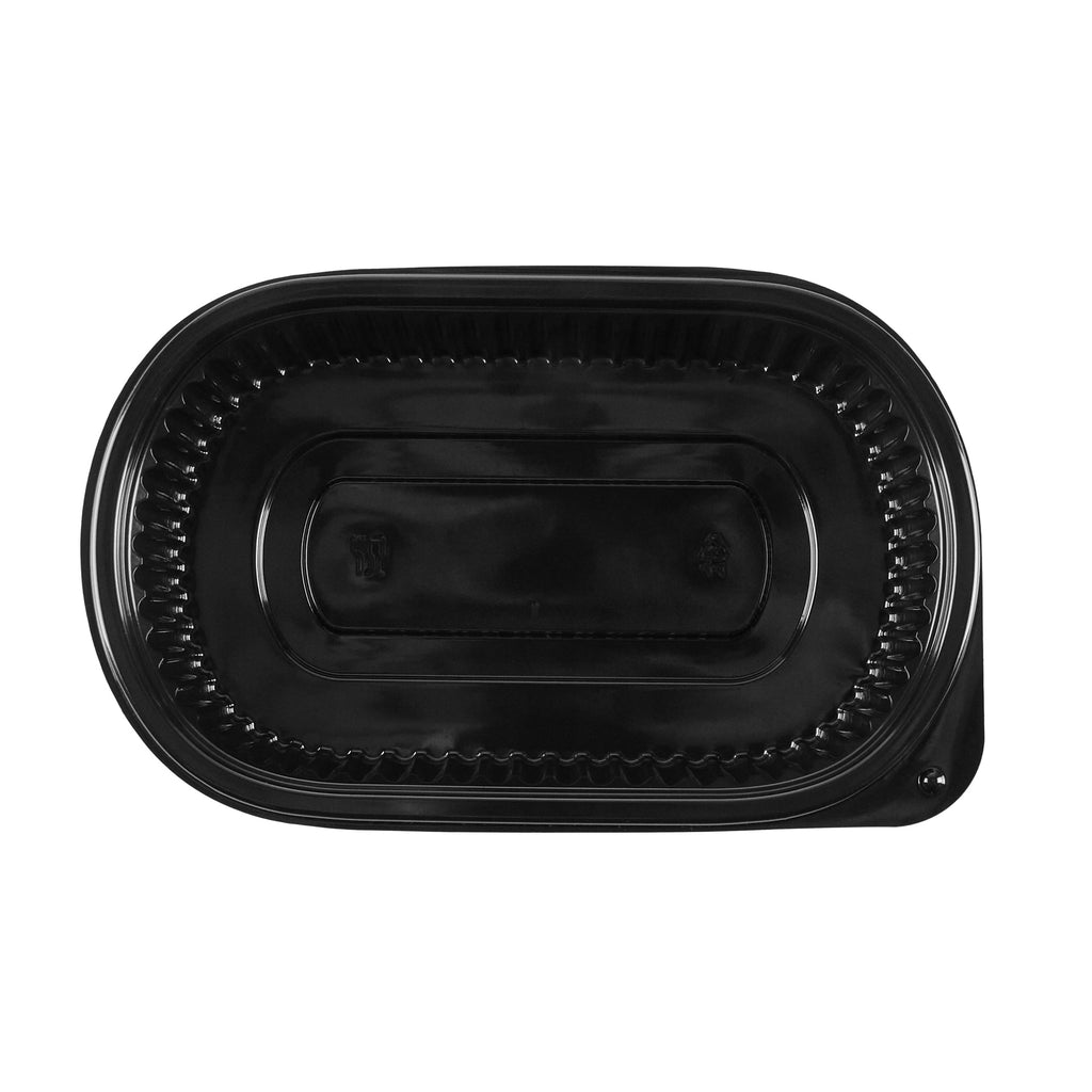 Chef 101 25 oz Oval Black Plastic Food Container - with Clear Flat Lid, Microwavable - 9 1/4" x 6" x 1 3/4" - 100 count box