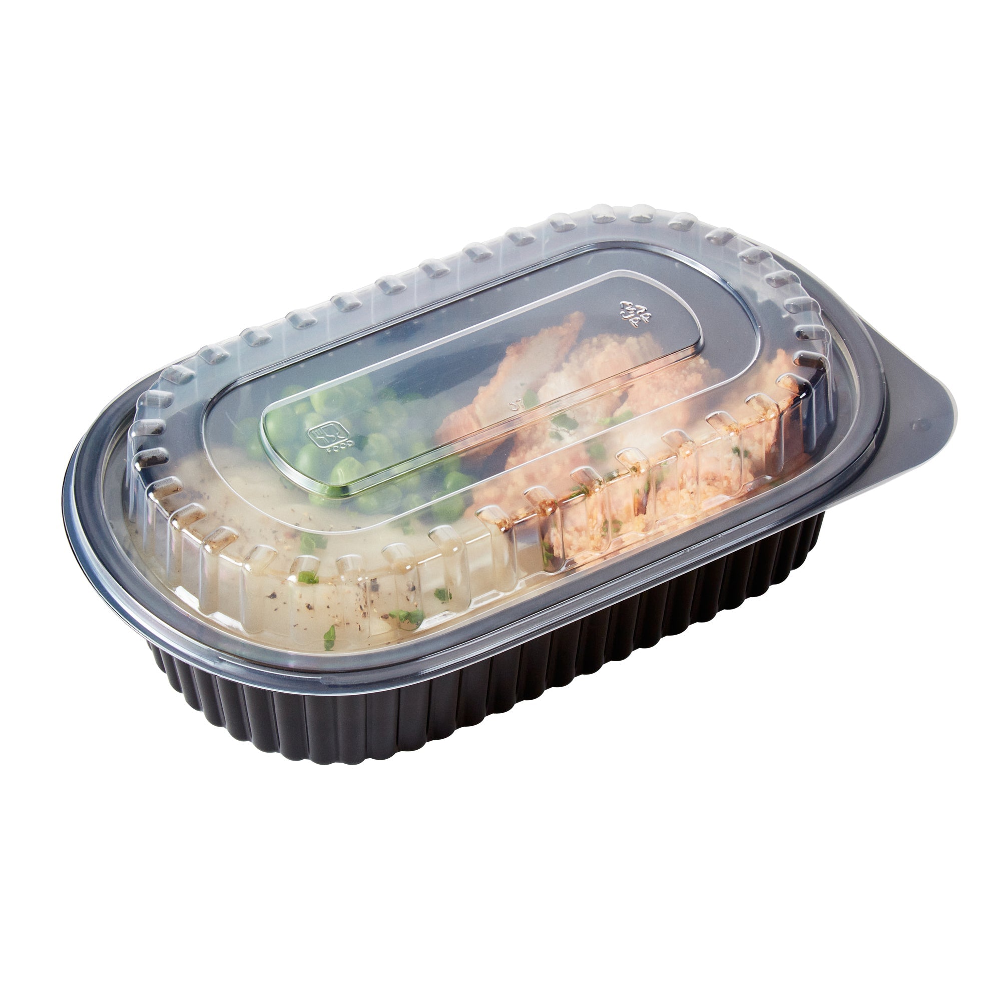 Chef 101 32 oz Oval Black Plastic Food Container - with Clear Dome Lid, Microwavable - 9 1/4" x 6" x 2 1/2" - 100 count box