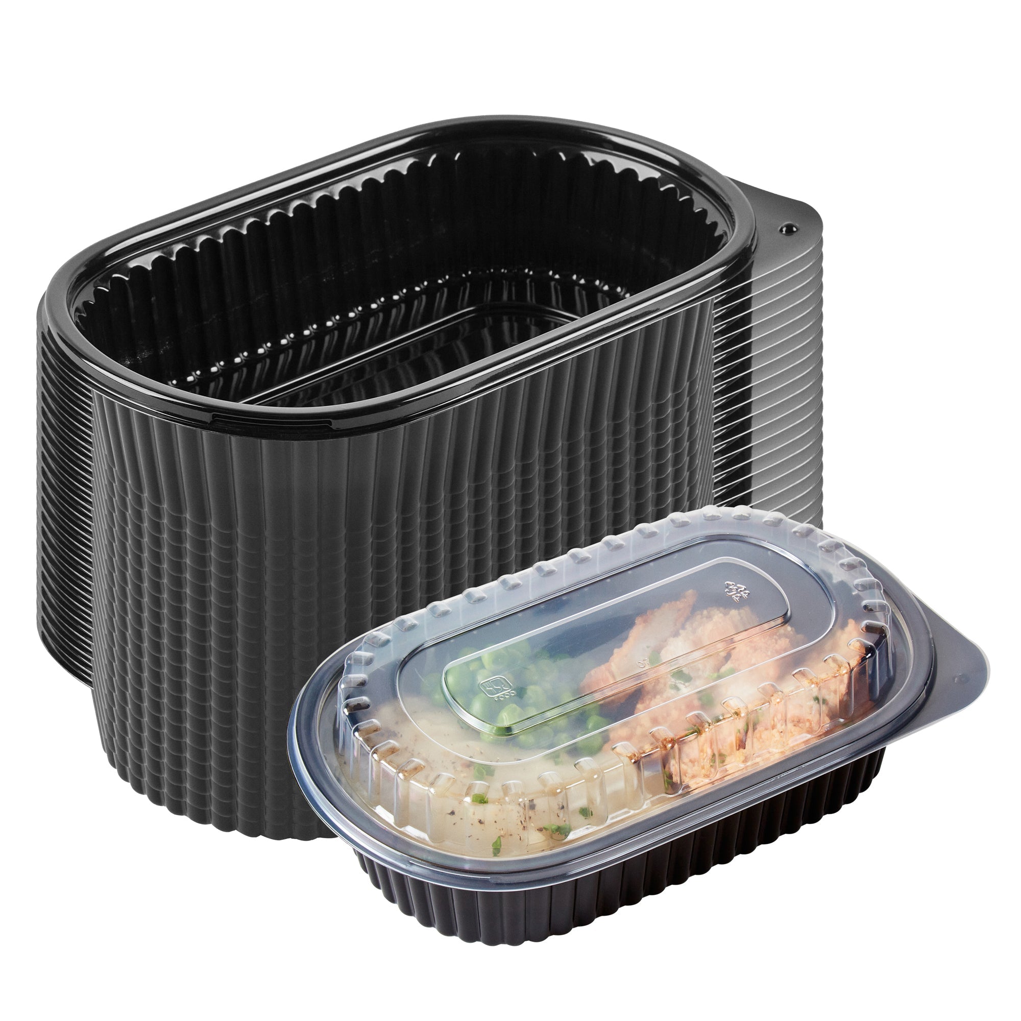 Chef 101 32 oz Oval Black Plastic Food Container - with Clear Dome Lid, Microwavable - 9 1/4" x 6" x 2 1/2" - 100 count box