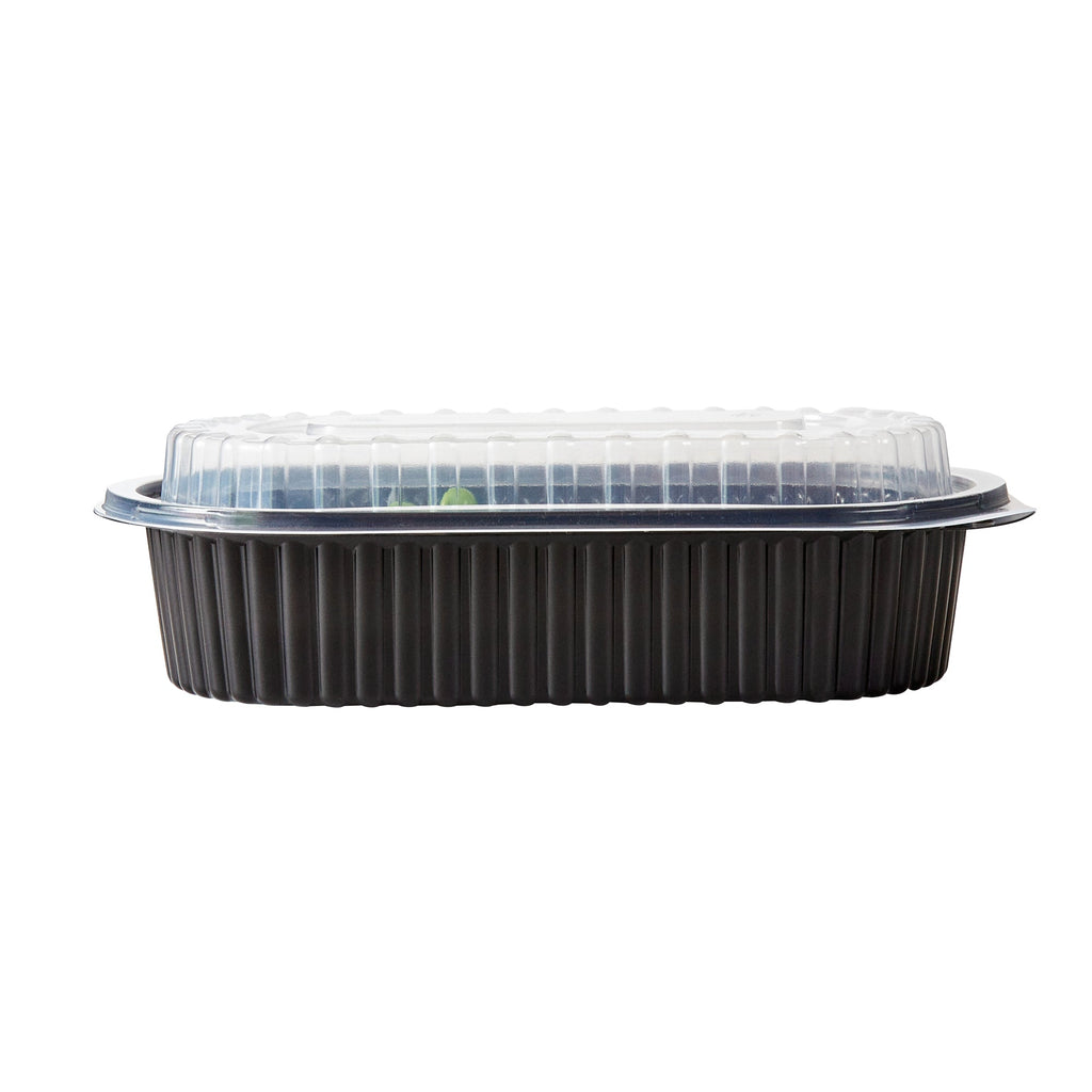 Chef 101 32 oz Oval Black Plastic Food Container - with Clear Dome Lid, Microwavable - 9 1/4" x 6" x 2 1/2" - 50 count box