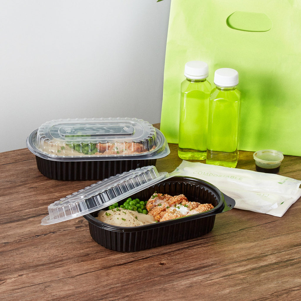 Chef 101 32 oz Oval Black Plastic Food Container - with Clear Dome Lid, Microwavable - 9 1/4" x 6" x 2 1/2" - 50 count box