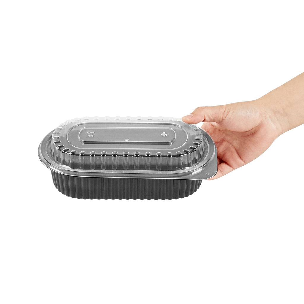 Chef 101 32 oz Oval Black Plastic Food Container - with Clear Dome Lid, Microwavable - 9 1/4" x 6" x 2 1/2" - 100 count box